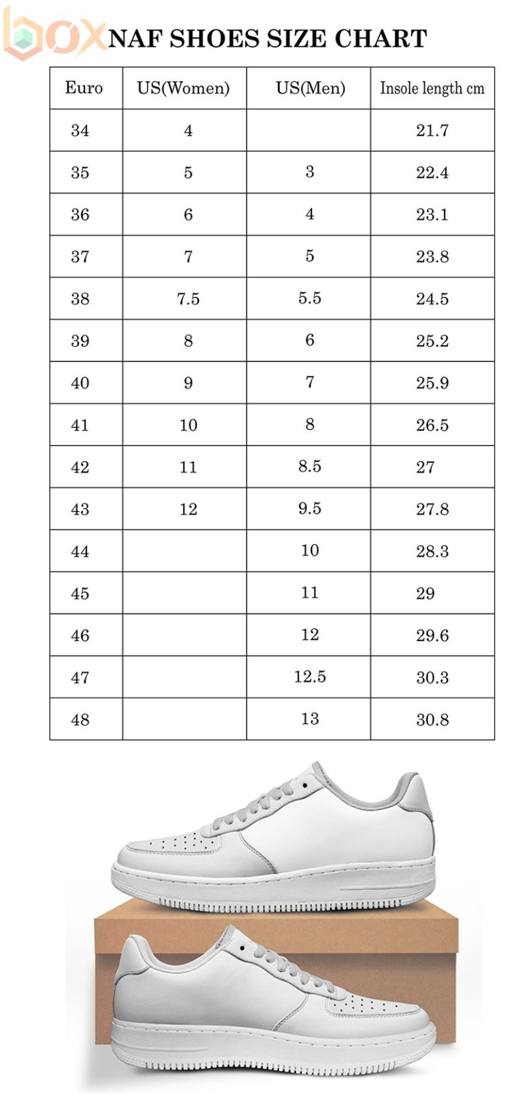 NAF Shoes Size Chart: