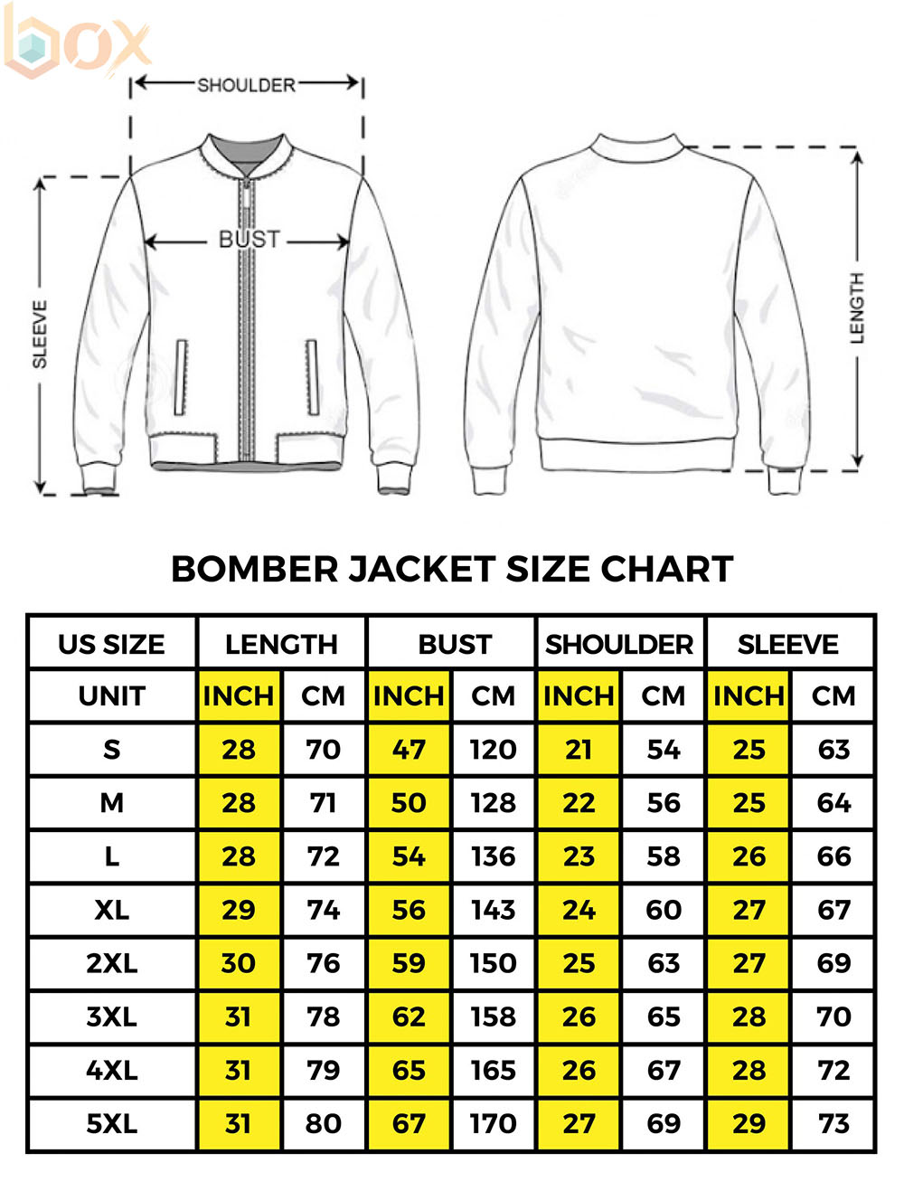 Bomber Jacket Size Chart: