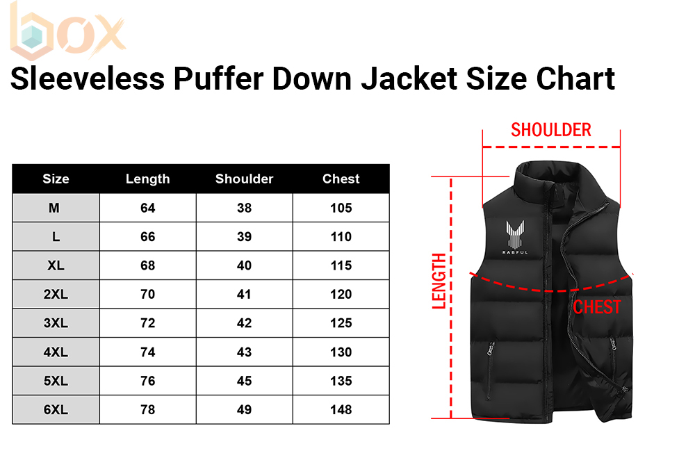 Sleeveless Puffer Down Jacket Size Chart: