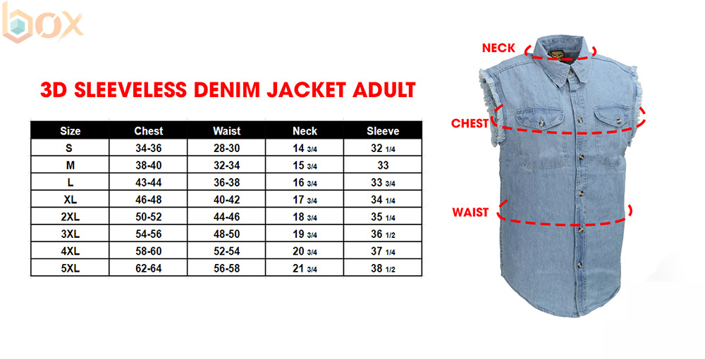 3D Sleeveless Denim Jacket Size Chart