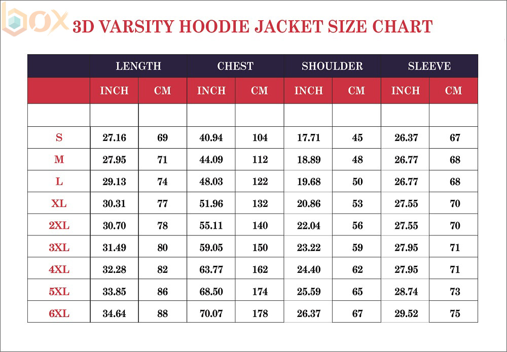 Baseball Jacket Hoodie Size Chart: