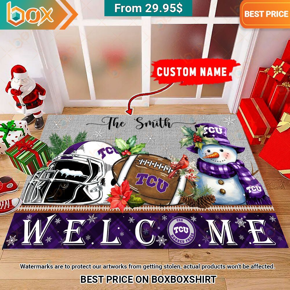 TCU Horned Frogs Welcome Christmas Doormat Such a scenic view ,looks great.