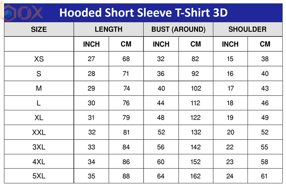 Short Sleeve Hoodie T-Shirt Size Chart: