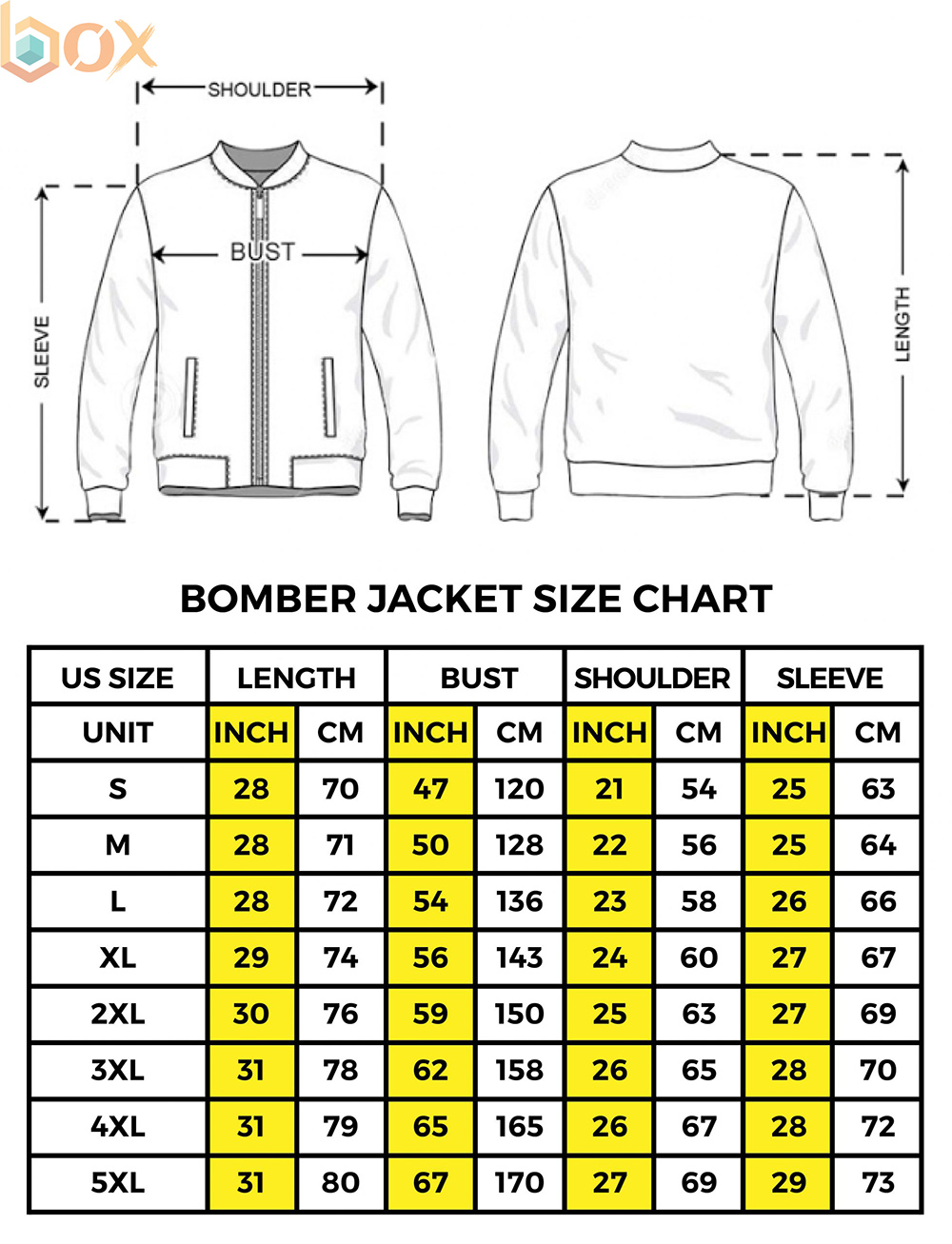Bomber Jacket Size Chart: