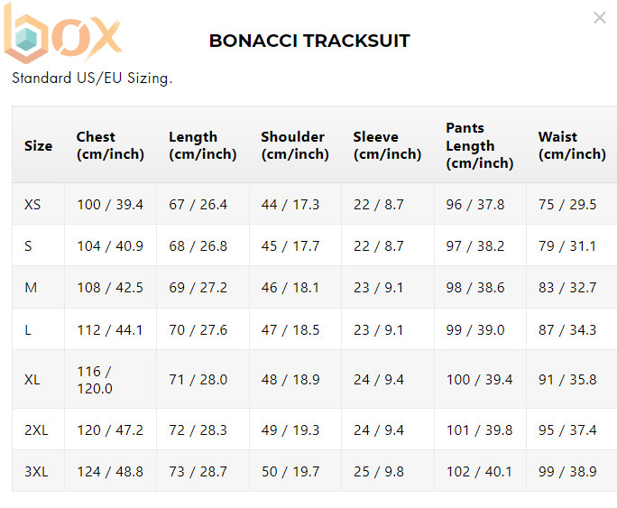 Bonacci Tracksuit Size Chart: