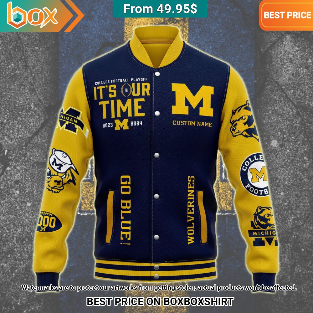 Michigan Wolverines College Football Playoff It's Out Time 2023-2024 Go Blue Custom Baseball Jacket