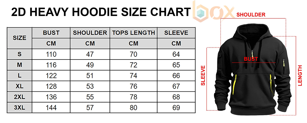 Half Zip Heavy Hoodie Size Chart: