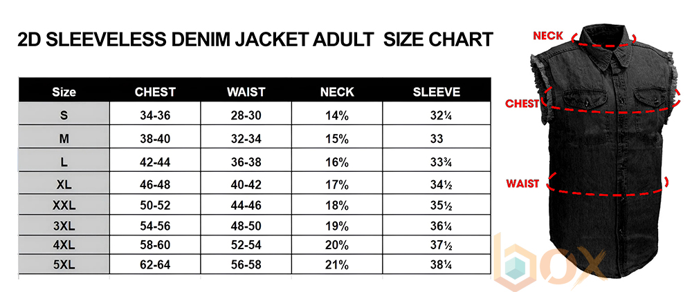 2D Sleeveless Denim Jacket Adult Size Chart