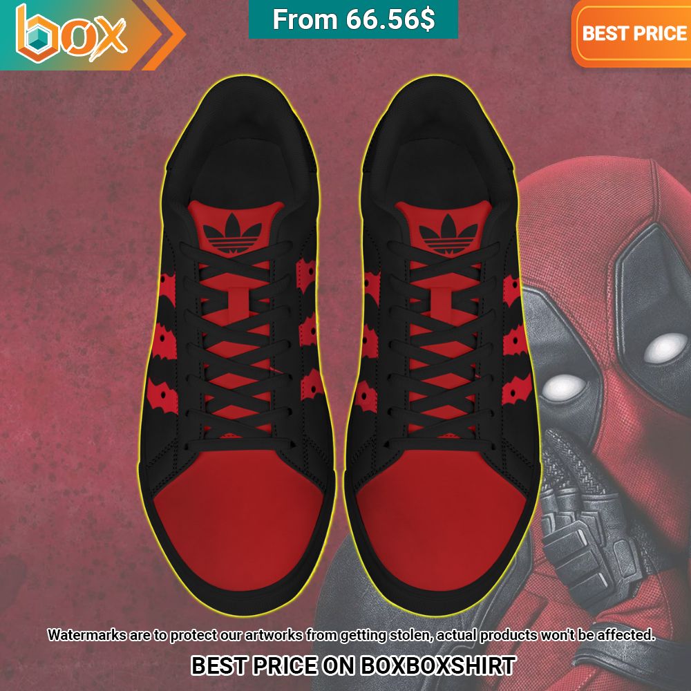 Deadpool Maximum Effort Adidas Stan Smith Low Top Shoes Natural and awesome