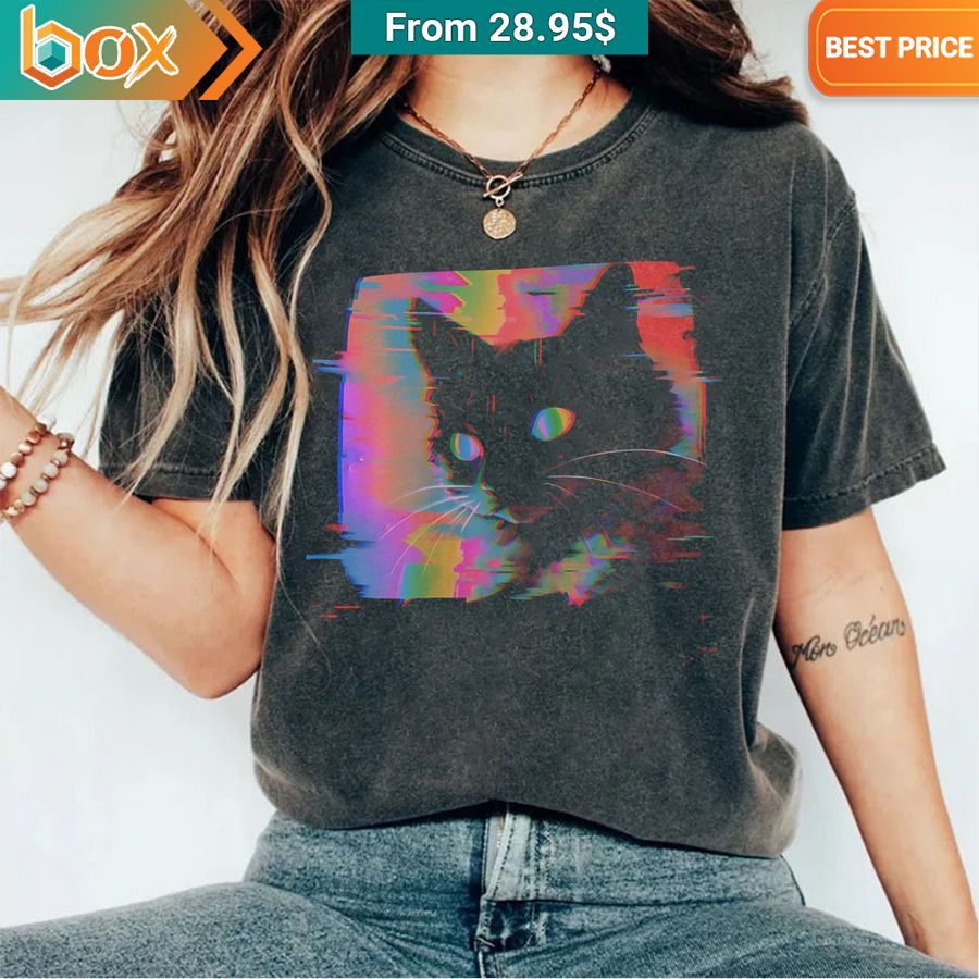 Psychedelic Weirdcore Black Cat T shirt, Longsleeve Unique and sober