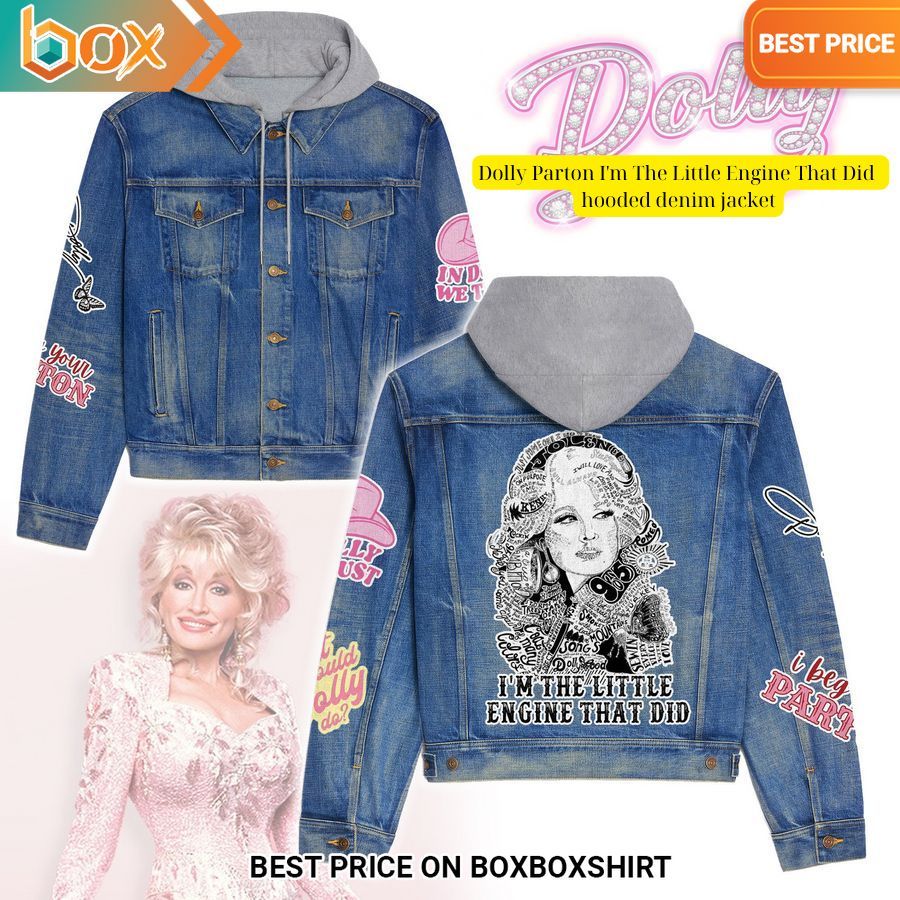 dolly parton im the little engine that did hooded denim jacket 1