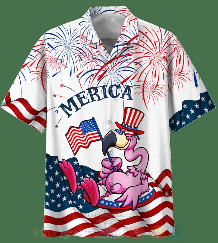 Merica_US_Flag_Flamingo_White_Hawaiian_Shirt_Short
