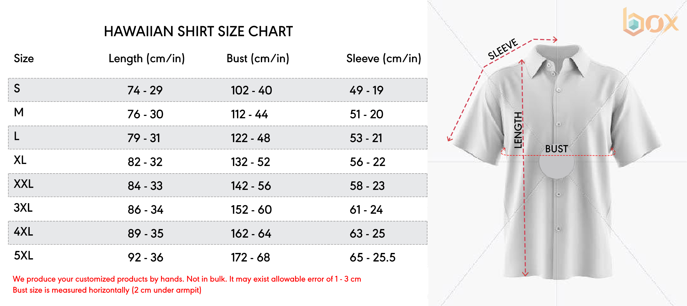 Hawaiian Shirt Size Chart Boxboxshirt